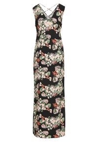 Robe maxi sans manches noire avec un motif floral vert, blanc et marron, décolleté en V et bretelles croisées au dos.