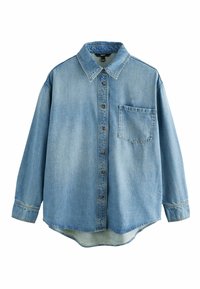 Lichtblauwe denim overhemd met een klassieke kraag, knoopsluiting aan de voorkant, lange mouwen en één borstzak. Bevat een gebogen zoom.