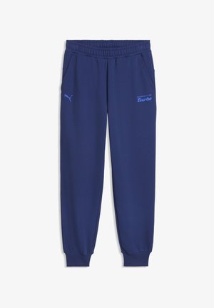 Pantaloni della tuta blu navy realizzati in tessuto morbido con vita elastica, tasche laterali e dettagli del logo azzurro chiaro sul davanti.