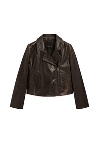 Braune, kurze Lederjacke mit Reverskragen, Reißverschluss und zwei seitlichen Taschen. Glatte Oberfläche mit minimalen Nähten.