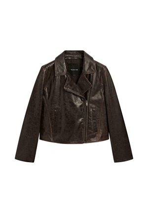 Braune, kurze Lederjacke mit Reverskragen, Reißverschluss und zwei seitlichen Taschen. Glatte Oberfläche mit minimalen Nähten.