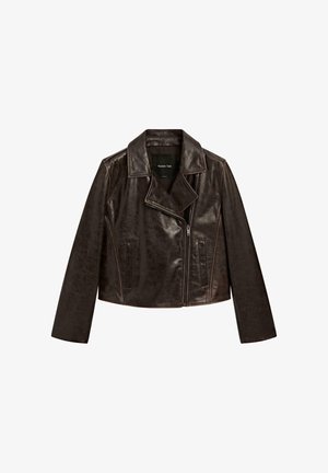 Braune, kurze Lederjacke mit Reverskragen, Reißverschluss und zwei seitlichen Taschen. Glatte Oberfläche mit minimalen Nähten.