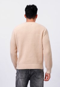 Pull en tricot beige avec texture côtelée, col rond et manches longues. Assorti avec un jean gris, vu de dos.