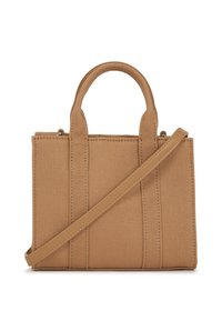 Tan canvas handbag with dual top handles and adjustable shoulder strap. Features stitched details and a structured rectangular shape.