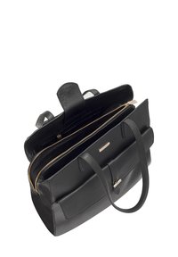 Sac à main en cuir noir avec fermeture éclair dorée, double poignées et un design structuré. Comprend une poche intérieure et un rabat à fermeture.