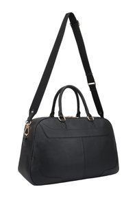 Zwarte leren sporttas met ronde handvatten, verstelbare schouderband, ritsluiting en gouden hardware accenten. Stijlvolle textuur met minimale stikdetails.