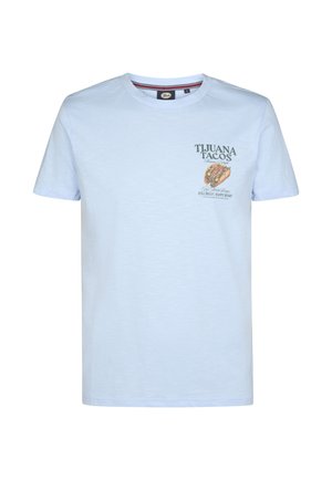 Tricou din bumbac albastru deschis, cu imprimeu grafic cu tacos și textul "TIJUANA TACOS" pe zona stângă a pieptului. Mâneci scurte, decolteu rotund.