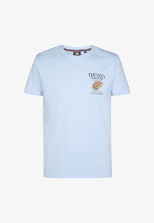 Tricou din bumbac albastru deschis, cu imprimeu grafic cu tacos și textul "TIJUANA TACOS" pe zona stângă a pieptului. Mâneci scurte, decolteu rotund.