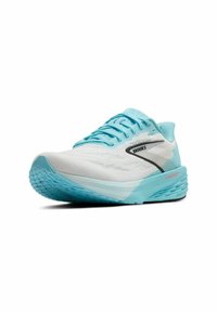 Weißer Sportschuh mit hellblauen Akzenten, ausgestattet mit einem strukturierten Mesh-Obermaterial, einer gepolsterten Sohle und einem silbernen reflektierenden Logo.