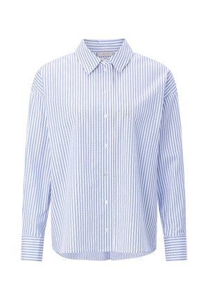 Blue and white vertical striped button-up shirt with long sleeves and a pointed collar.