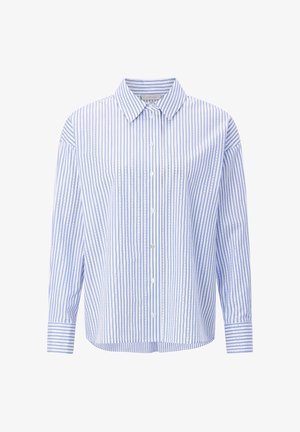 Cămașă cu dungi verticale albastre și albe, cu nasturi, mâneci lungi și guler ascuțit.
