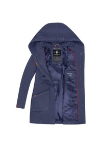 Navy hooded jacket with a smooth interior, two front pockets, and red accent stitching. Includes a label with care instructions.