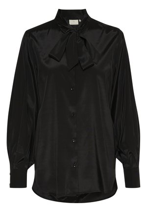 Must mustriba blouse kõrge krae, lipsu detail, pikad varrukad ja nööbiga eest kinni. Omab siledat ja läikivat tekstuuri.