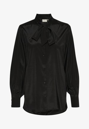 Black satin blouse with a high collar, bow tie detail, long sleeves, and button front closure. Features a smooth, shiny texture.