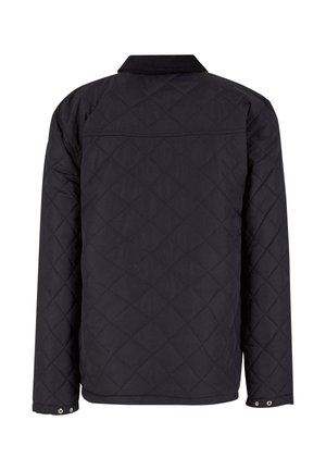 Black quilted jacket with a collar, featuring a diamond pattern, long sleeves, and button cuffs. No visible branding or embellishments.