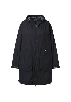 Giacca lunga nera con cappuccio, zip frontale, due tasche con zip e polsini con logo sulle maniche.