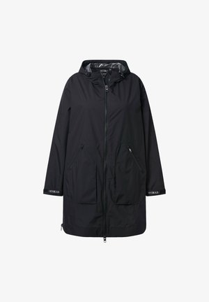 Veste longue noire à capuche avec fermeture éclair à l'avant, deux poches zippées et poignets avec logo sur les manches.
