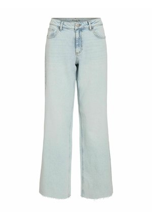 Jean bleu clair taille haute à jambes larges, avec poches avant, fermeture par bouton et zip, et ourlet brut.