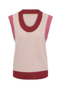 Top en maille sans manches avec un corps rose clair texturé, un large col côtelé rose foncé et un ourlet, ainsi que des panneaux latéraux côtelés rose vif.