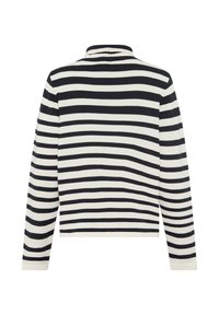 Top met lange mouwen en een hoge hals, met afwisselend zwarte en witte horizontale strepen. Gemaakt van een zachte, rekbare stof. Kort model.