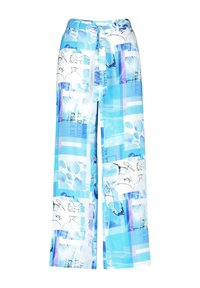Lätta byxor med vida ben i blått och vitt mönstrat tyg. Har abstrakta mönster, text och en knytmidja för fastsättning.