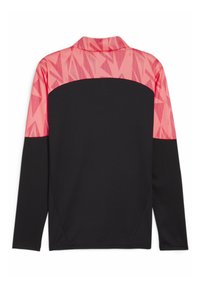 Langärmliges Sportshirt mit einem pinken geometrischen Muster oben und einem einfarbigen schwarzen unteren Teil. Hergestellt aus strukturiertem, atmungsaktivem Material.