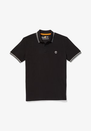 Schwarzes Polohemd mit kurzen Ärmeln, grauem gestreiftem Kragen und Ärmelabschlüssen, einem Knopf am Hals und einem kleinen Baum-Logo auf der linken Brust.