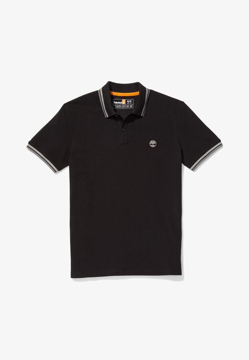 Polo noir à manches courtes avec col et bords de manches rayés gris, un bouton au niveau du cou, et un petit logo arbre sur la poitrine gauche.