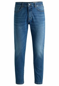 Tmavomodré džínsy s úzkym strihom, dizajnom s piatimi vreckami, zapínaním na gombík a s jemným vyblednutím na stehnách. Rovný strih a kontrastný steh.