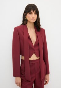 Vinröd cropped blazer med breda slag, vertikal slipsdetalj och matchande skräddarsydda högmidjade byxor; slät tygtextur.
