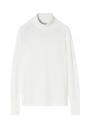 Pull colletto alto bianco realizzato in tessuto morbido, con maniche lunghe, colletto a coste e una vestibilità rilassata. Texture liscia e design minimale.