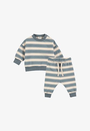 Gestreepte katoenen outfit met een lange mouw top met ronde halslijn en bijpassende elastische broek met opgebouwde randen. Kleuren zijn blauw en beige.