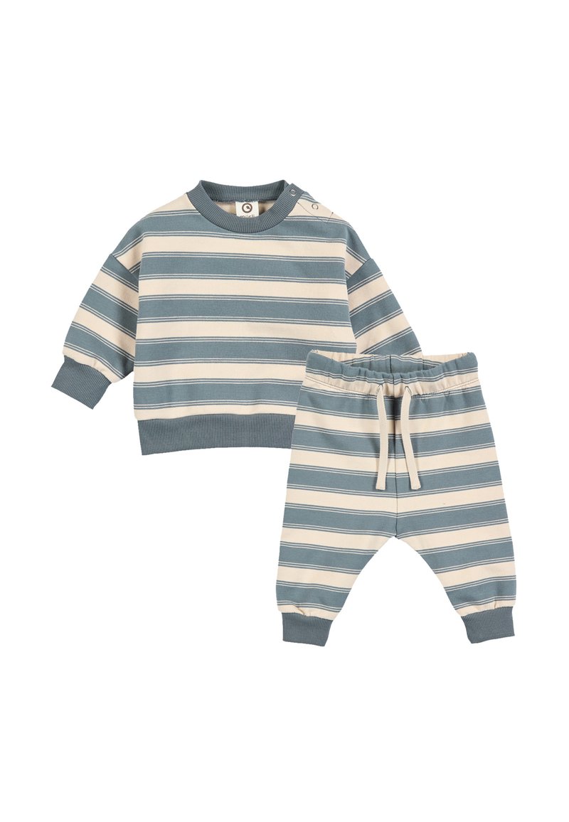 Striped cotton outfit featuring a long-sleeve top with a round neckline and matching elastic waist pants with cuffed hems. Colors are blue and beige.
