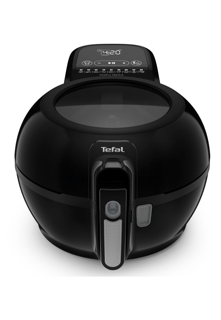 Schwarzer Heißluftfritteuse mit abgerundetem Design, transparentem Deckel, digitalem Bedienfeld und glatter Oberfläche. Verfügt über einen Griff und eine strukturierte Oberfläche für besseren Halt.