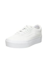 Sneaker bianche in canvas con design a metà caviglia, lacci piatti e suola in gomma testurizzata; presenta accenti laterali e dettagli cuciti.