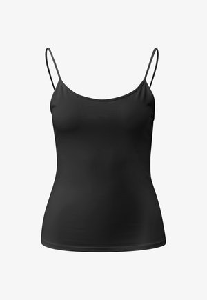 Black fitted camisole top with thin spaghetti straps and a scoop neckline against a white background.