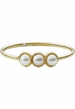 Gold-tone metal bangle bracelet with three round white pearls and a small embedded clear stone on the band near the clasp.