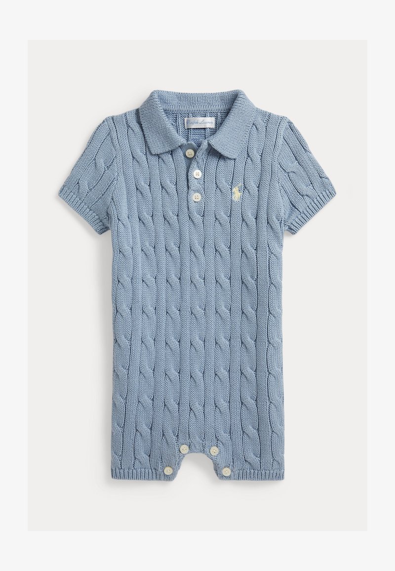 Body bébé court en maille bleue avec motif torsadé, col polo, trois boutons à l'avant, pressions au niveau des jambes et logo brodé sur la poitrine.
