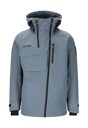 Lichtblauwe waterdichte jas met hoge kraag, verstelbare capuchon, twee ritszakken vooraan en zwarte accenten op de manchetten en rits.