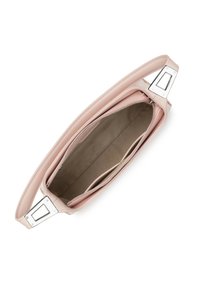 Roze leren handtas met een gladde textuur, voorzien van een zilverkleurige metalen rits en een gestructureerd ontwerp. Binnenkant bevat meerdere zakken.