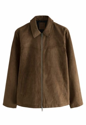 Brun faux suede jakke med krave, forreste lynlåslukning og sidelommer. Har en glat, blød tekstur og et enkelt design.