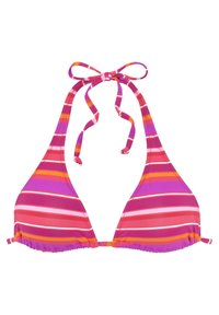 Bikini-top in roze, paars en oranje strepen. Heeft halterbandjes en een gerimpelde rand aan de onderkant, gemaakt van rekbare stof.
