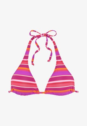 Bikini gornji dio u ružičastim, ljubičastim i narančastim prugama. Ima vezanje oko vrata i volan na dnu, izrađen je od rastezljivog materijala.