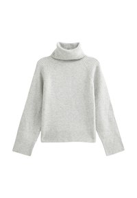 Jasnoszary sweter z golfem o prążkowanej strukturze i rękawach raglanowych. Model zakładany przez głowę charakteryzuje się grubym, prążkowanym dołem i mankietami.