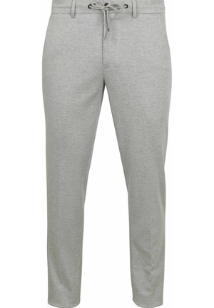 Light gray, patterned pants with a drawstring waist. Features side pockets and a tapered leg design. Made from a soft, textured fabric.