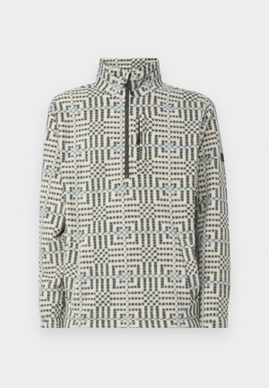 Fleece pulóver s polovičným zipsom a golierom, s geometrickým modro-zeleným vzorom na bielom pozadí. Mäkka štruktúra, voľný strih.