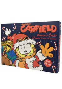 Scatola di calendario dell'Avvento a tema Garfield per calze da donna, con colori vivaci, design da cartone animato, taglie chiare e motivi festivi con bastoncini di zucchero.