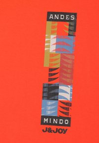 Oranje T-shirt met een grafisch ontwerp van geometrische vormen in groen, blauw, rood en zwart, met de tekst "ANDES MINDO J&Joy."