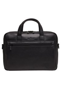Schwarze Leder-Laptoptasche mit doppelten oberen Griffen, Reißverschlussverschluss, vorderer Reißverschlusstasche und glatter Textur. Besitzt eine minimale Markenkennzeichnung.