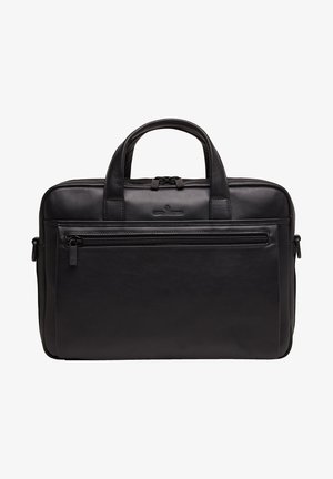 Zwarte leren laptoptas met dubbele bovenhandvatten, ritsluiting, voorvak met rits en een gladde textuur. Bevat minimale merkvermelding.